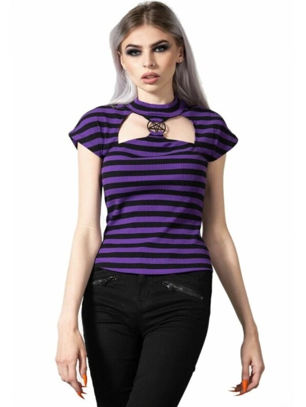 Killstar Lamia Black And Purple Stripe Top Shirt W/ Pentagram Women's Sz XS NEW